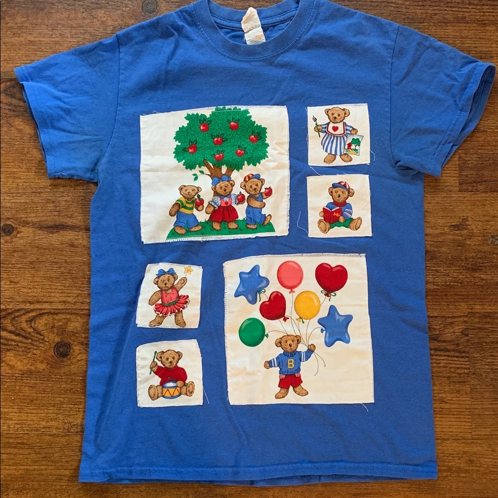 Upcycled Blue T-Shirt with Multi Teddy Bear Patchwork | Kidcore Vintage S